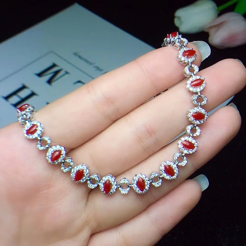 KJJEAXCMY fine jewelry 925 sterling silver inlaid natural gemstone red coral ladies bracelet support inspection