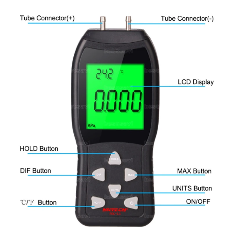 High Precision LCD ดิจิตอลเครื่องวัดความดันแบบ Differential PRESSURE barometer Differential PRESSURE Tester