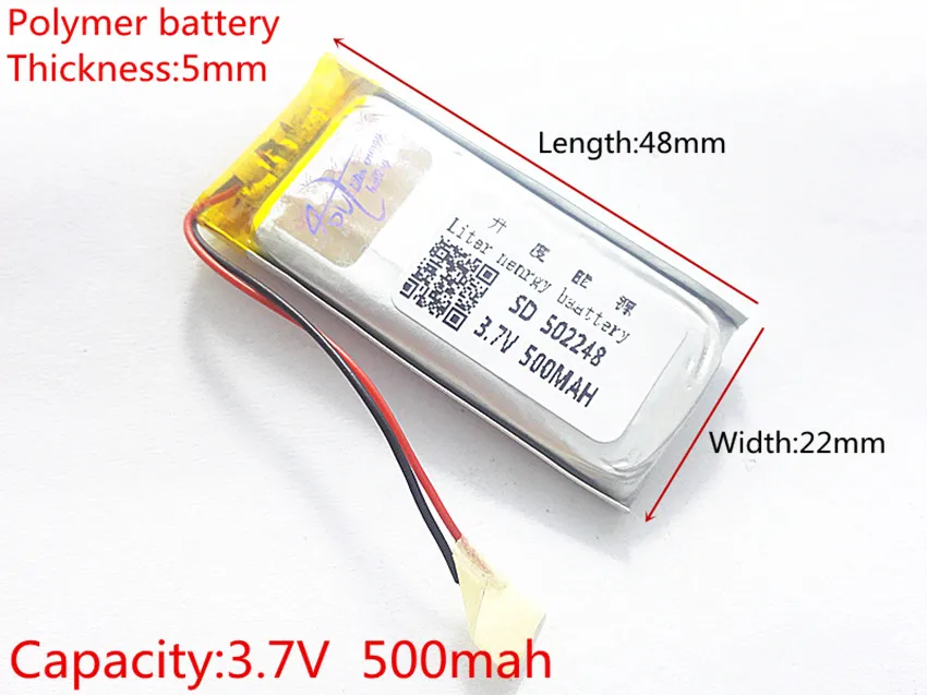 3.7V,500mAH,502248 PLIB; polymer lithium ion / Li-ion battery for GPS,mp3,mp4,mp5,dvd,,model toy