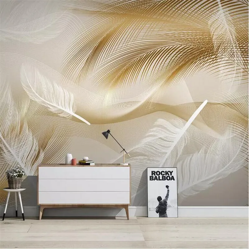 Modern minimalist light luxury feather gold lines TV background wall painting manufacturers wholesale wallpaper mural custom pho