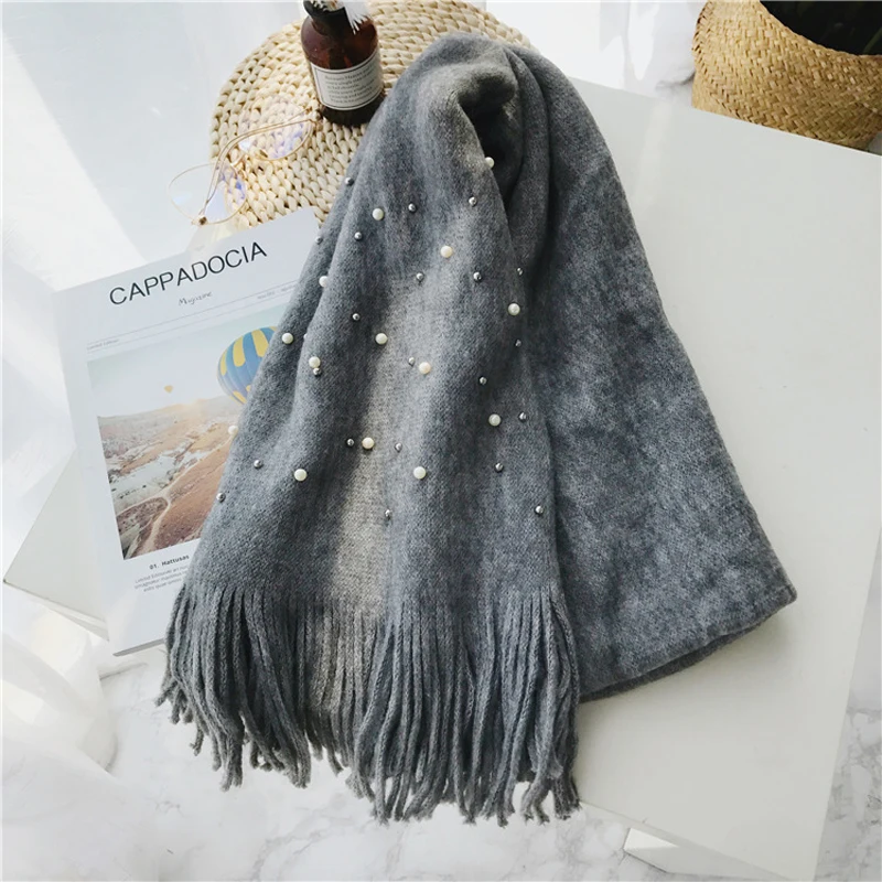 Luna&Dolphin Women Winter Scaves Warm Knitted White Pearl Nail Bead Soft Scarves Tassel Woolen Big Tippet Pashmina Blanket Shawl