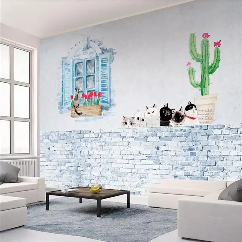 Custom Mural Wallpaper Hand-Painted Cactus Animal Kittens Children's Background Wall Painting