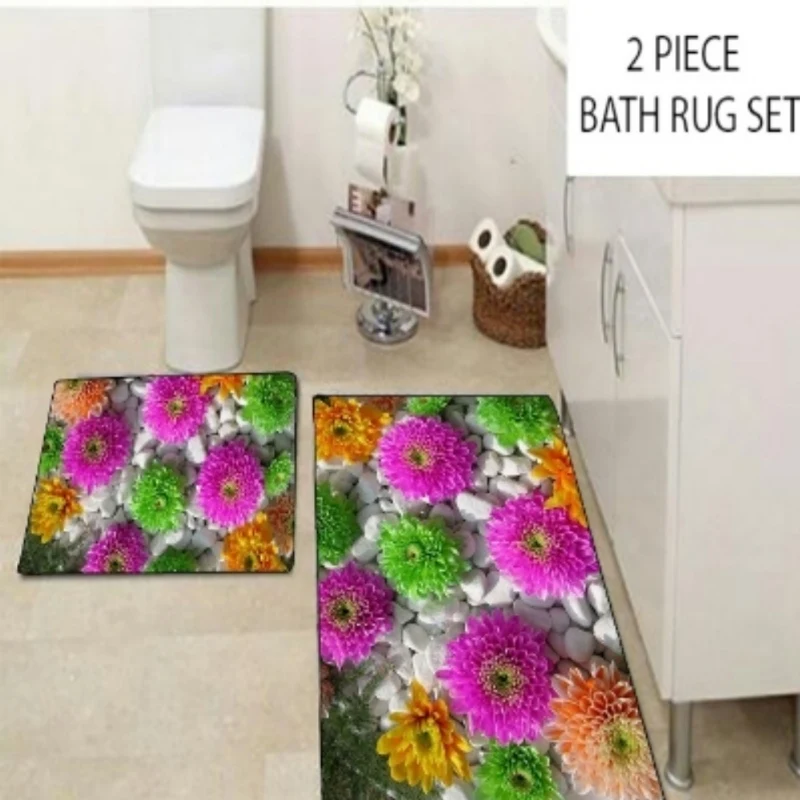 

Else Orange Purple Green Flowers White Stone 2 Pcs 3d Pattern Print Bath Mats Anti Slip Soft Washable Bathroom Mat Toilet Rugs