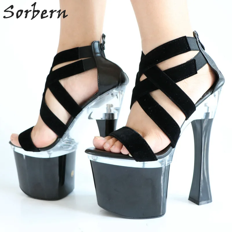 Sorbern 18Cm Square High Heels Sandals For Women Cross Straps Thick Platform Shoes Perspex Heels Block Heel Shoes Nouveau