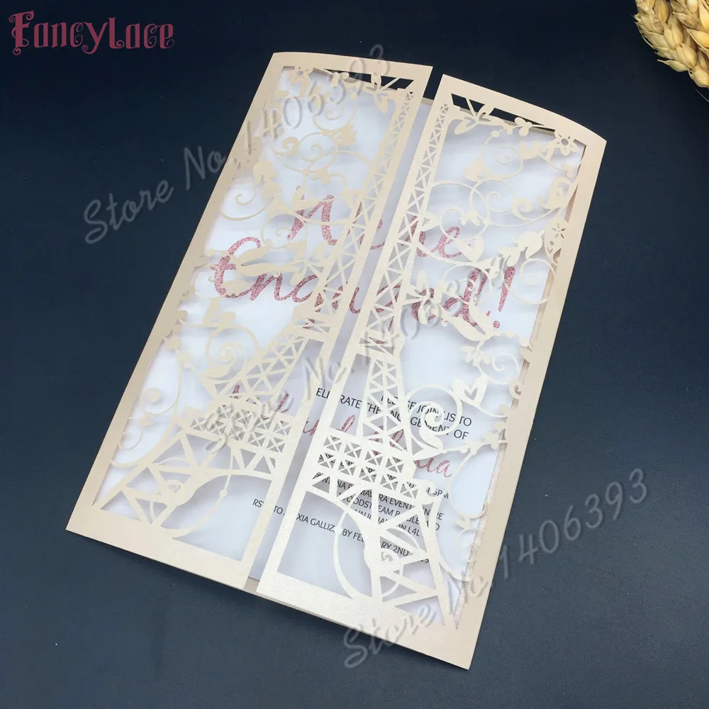 30pcs/lot Laser Cut Iron Tower elegant Pattern Lace Flower Vintage Wedding invitations Card Kit Blank Paper Printing Invitation