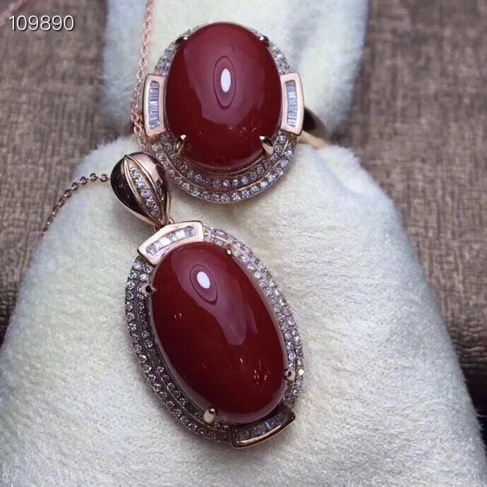 

KJJEAXCMY Boutique Jewels 925 Silver-inlaid Natural Red Coral Ring Pendant Set Support Detection