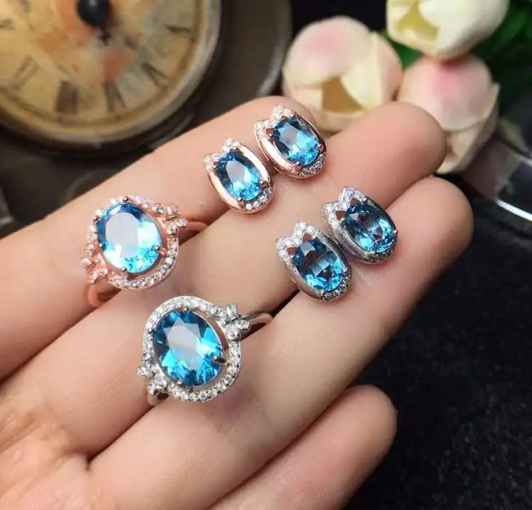 

KJJEAXCMY boutique jewelryar 925 Silver-inlaid Natural Topaz Jewelry Female Ring Earring Set Support Detection