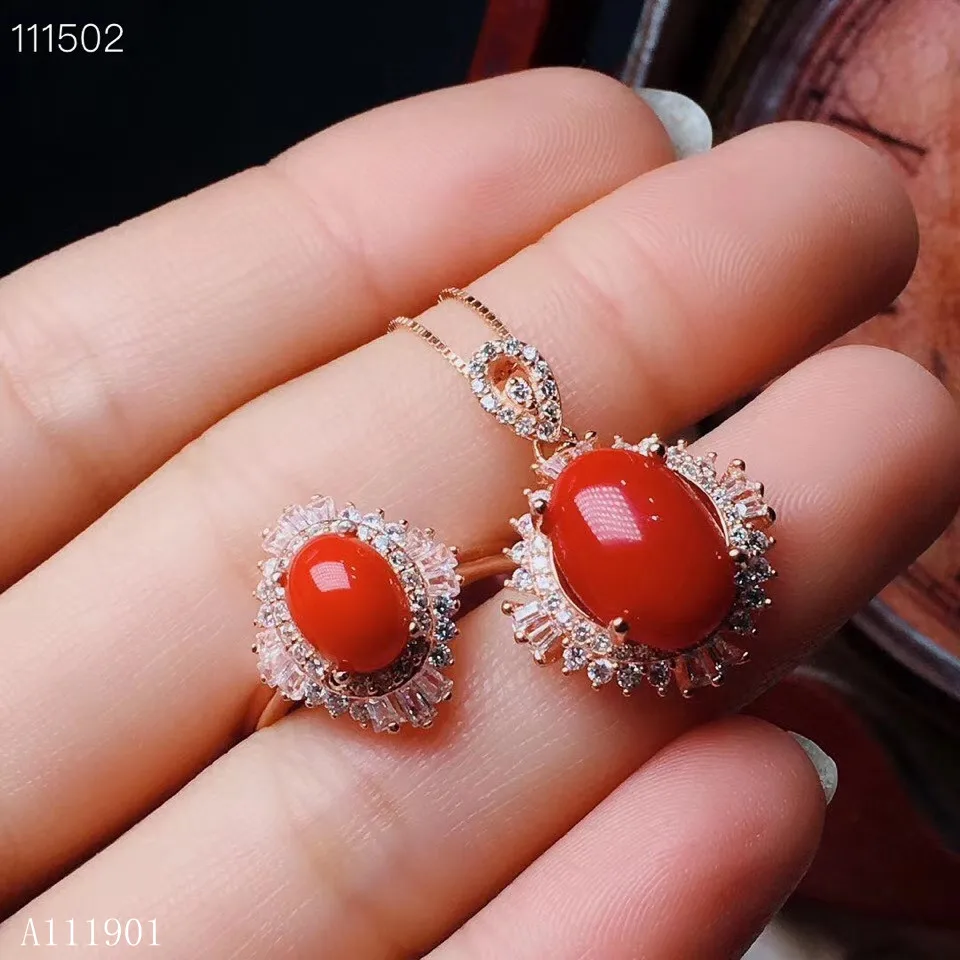 KJJEAXCMY Boutique Jewels 925 Silver-inlaid Natural Red Coral Ruby Mini-Ring Necklace Pendant Earring Set Support Detection