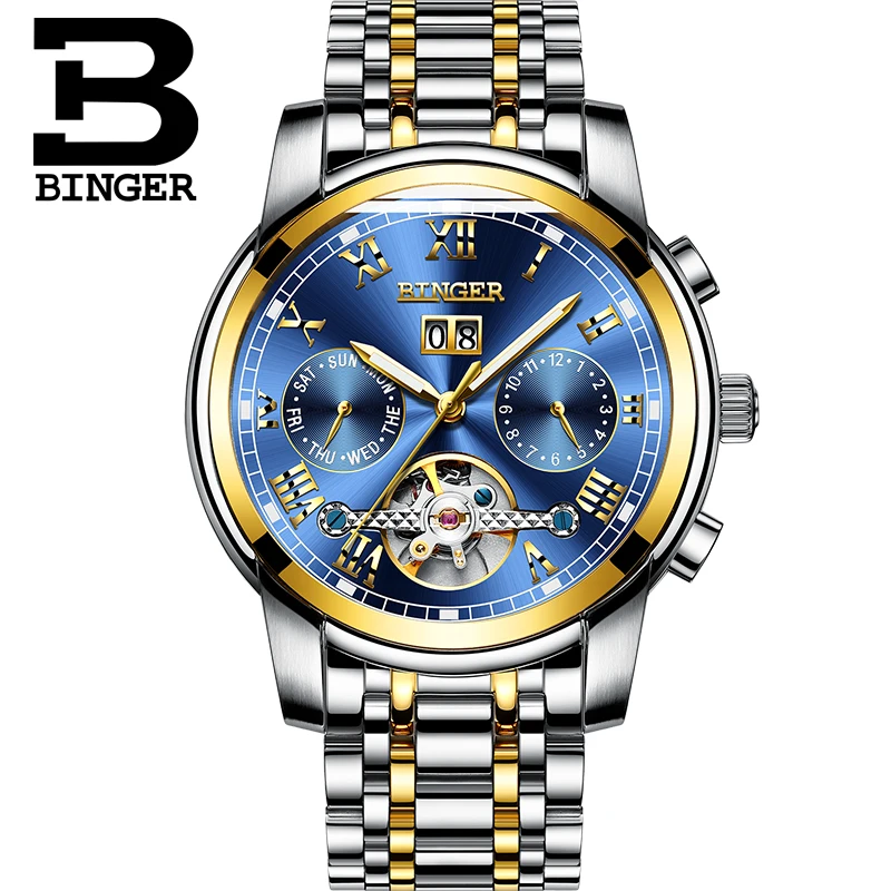 BINGER Stainless Steel Watches Men Luxury Brand Tourbillon Automatic Luminous Multiple Functions Mechanical Wristwatches 2017