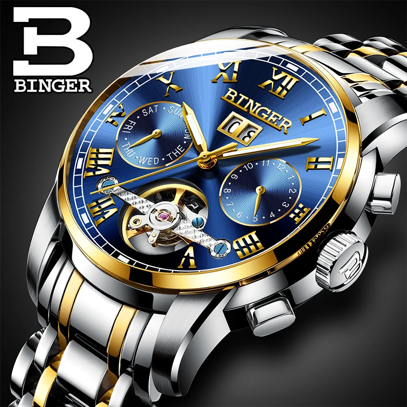 BINGER Stainless Steel Watches Men Luxury Brand Tourbillon Automatic Luminous Multiple Functions Mechanical Wristwatches 2017