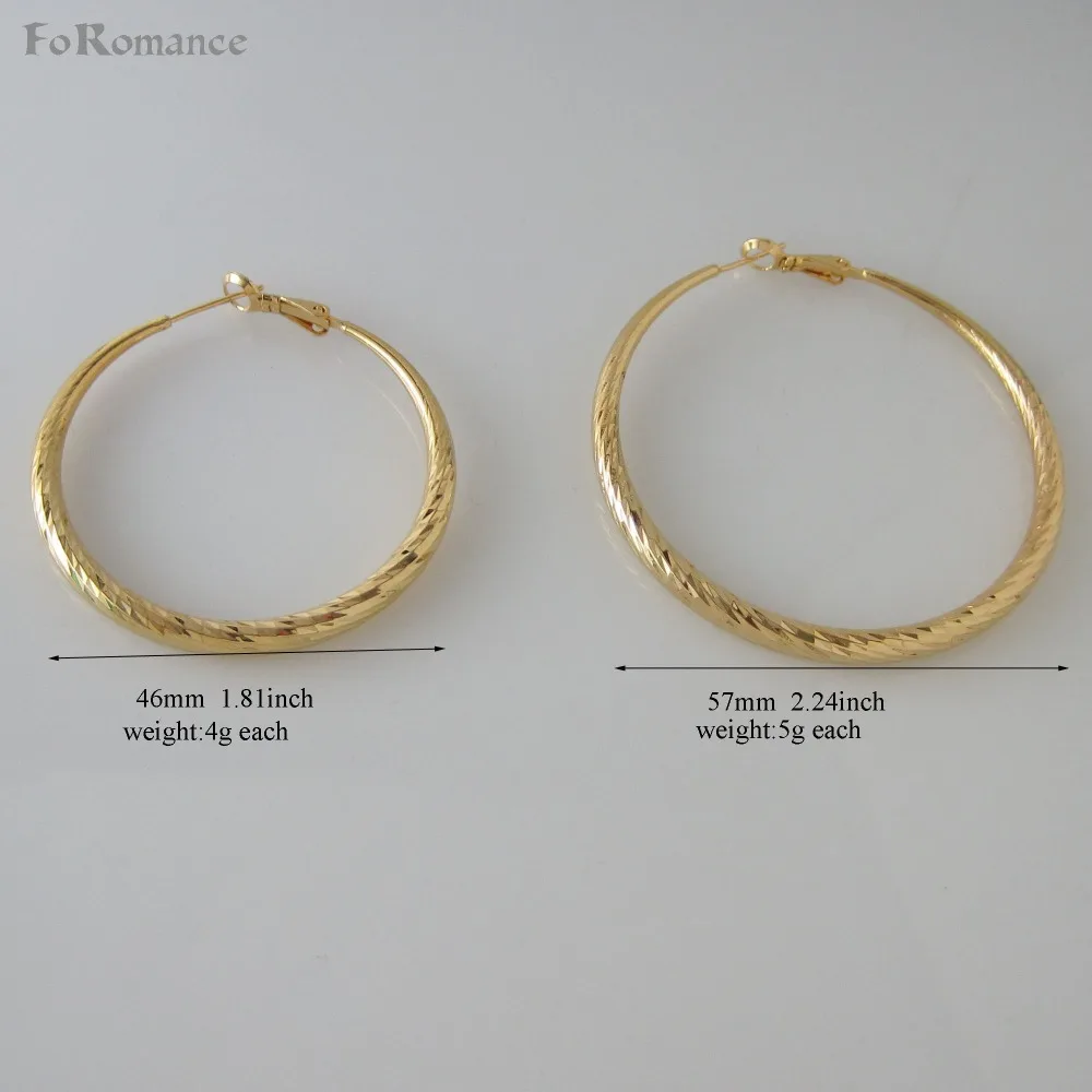 Foromance CUTE CARVED WITH LINES PATTERN TWO SIZES YELLOW GOLD PLATED HOOP 1.8INCH 2.24INCH EARRING GREAT GIFT