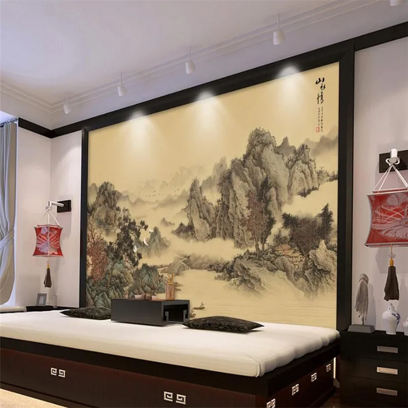 New Chinese artistic conception abstract ink painting water wall living room background wall painting professional custom wallpa