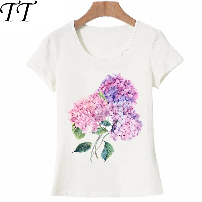 Camiseta de rama de hortensias florecientes de acuarela para mujer, camiseta artística de flores rosas, camisetas informales de dama, Tops de moda para mujer