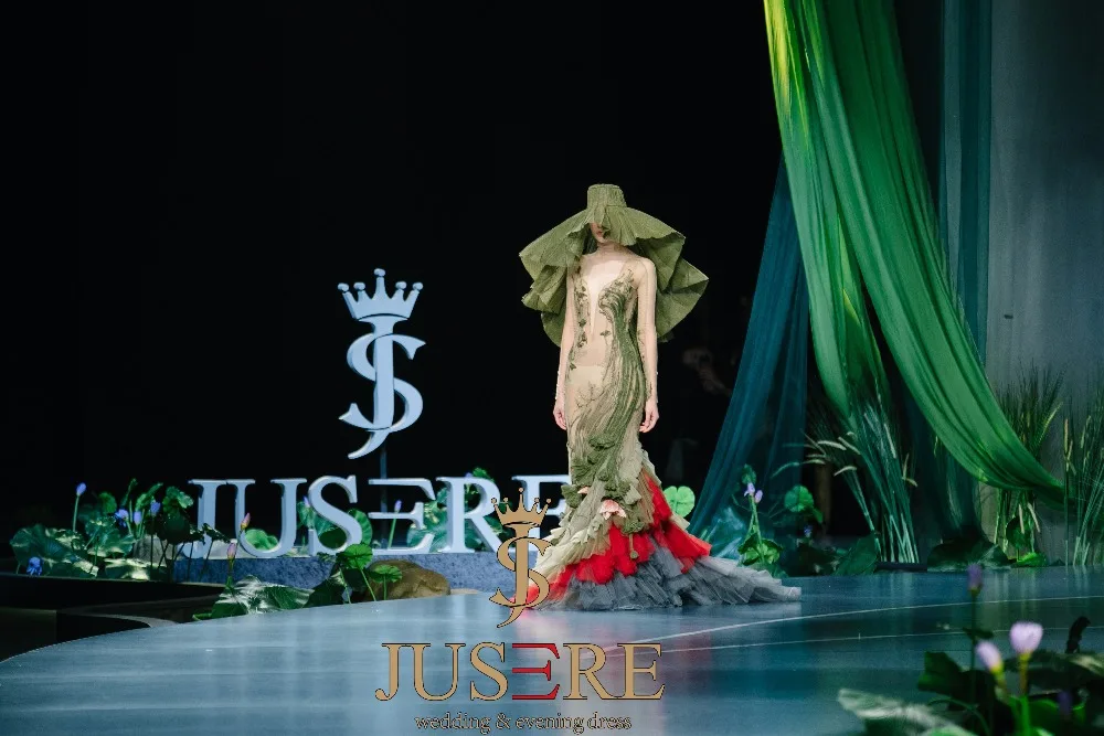 JUSERE – robe de bal de forme sirène, tenue de soirée longue, verte, dentelle brodée de fleurs, défilé de mode