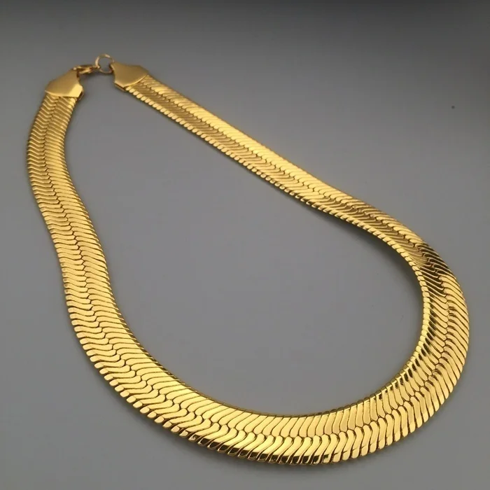 Solid 18K Yellow Gold Filled 10mm Flat Herringbone Chain Necklace for Women Men