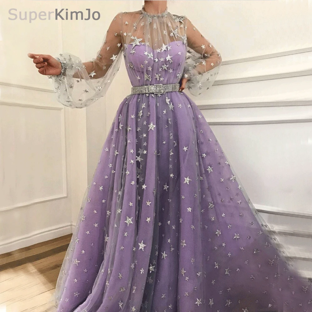 SuperKimJo Vestido Largo Elegante ลาเวนเดอร์ Dresses 2021 Flare Sleeve Sparkly Elegant สีม่วงชุดราตรีเสื้อคลุม De ค็อกเทล