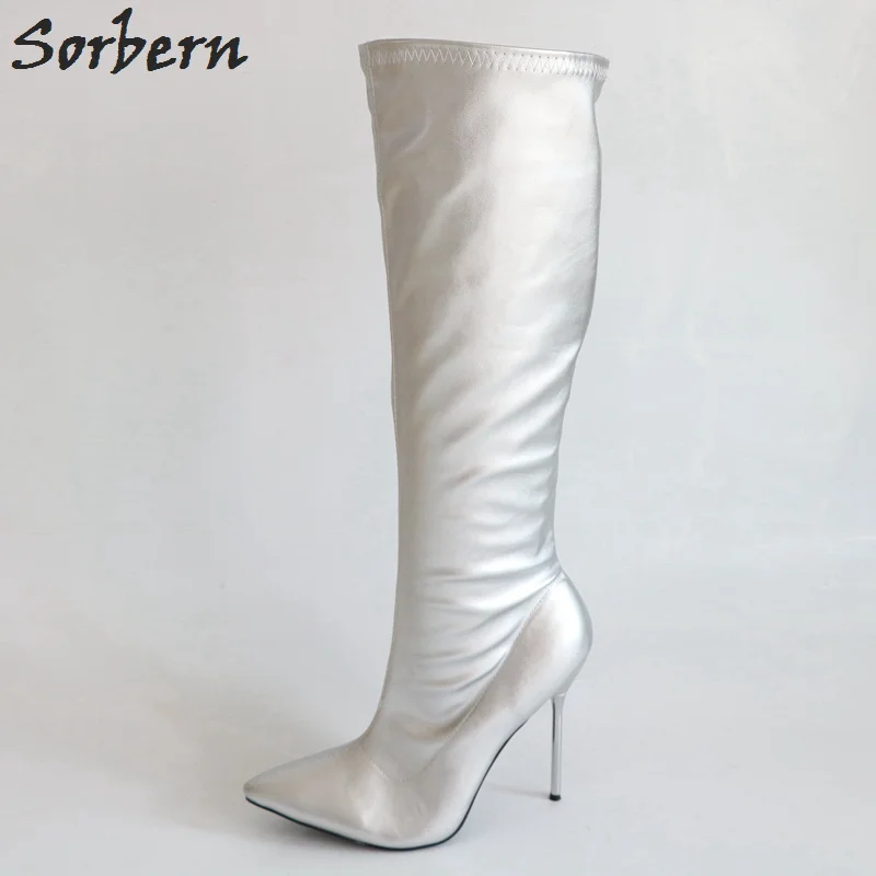 

Sorbern Matte Silver Knee High Boots Women 12Cm Metal High Heels Stilettos Pointed Toe Fetish Heels Custom Wide Leg Size Boot