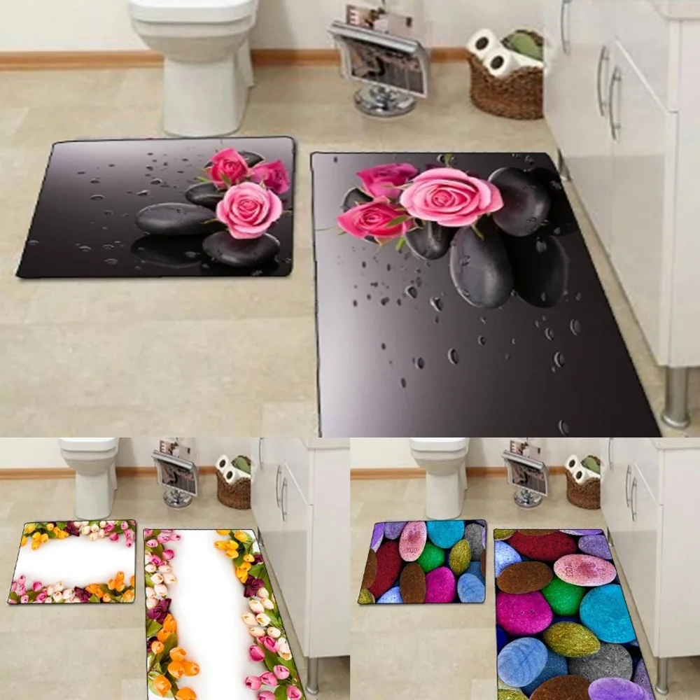 

Else Pink Roses Black Stone Colored Roses Flowers 3d Print Non Slip Microfiber 2 piece Bath Mat set for Bathroom 90x60cm 50x60cm