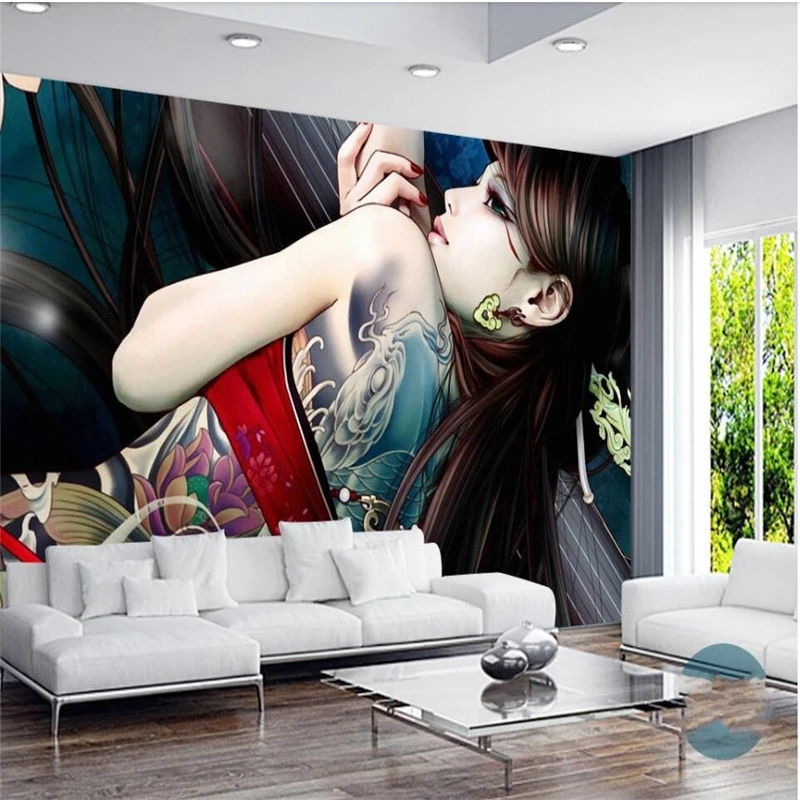 wellyu Custom large mural wallpaper green salmon tattoo hand-painted woman modern Japanese and Korean style living room wall