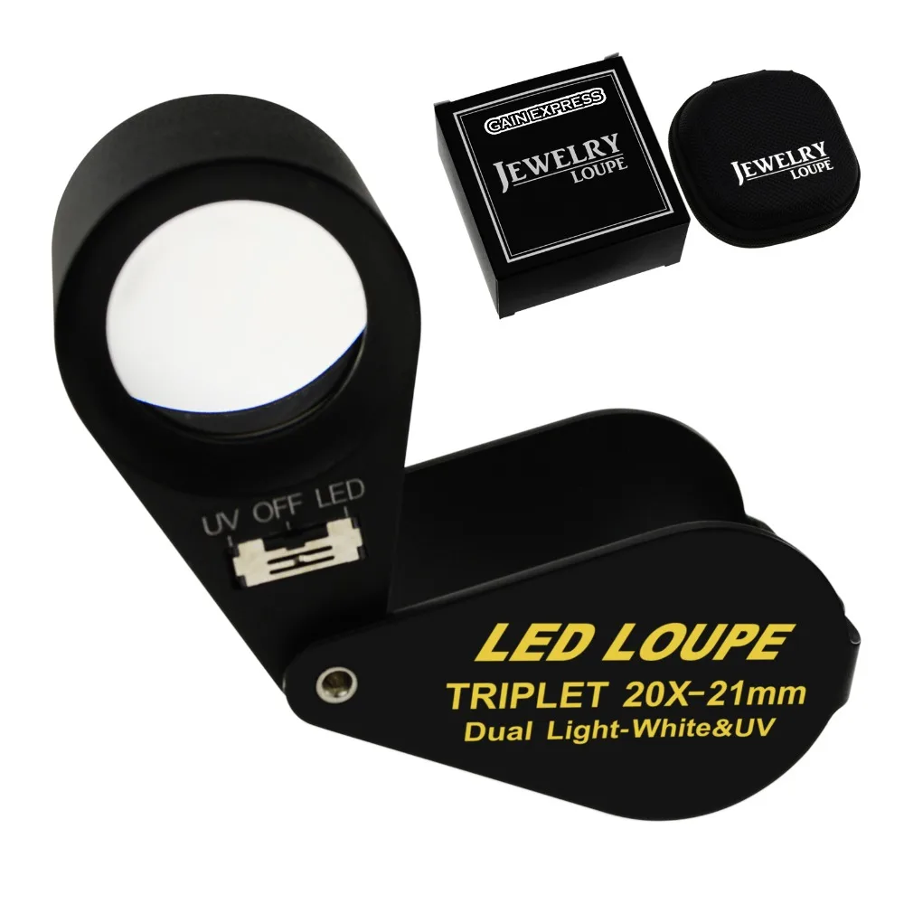 20x Loupe 21mm Optical Glass Magnifier 6 LED Light & UV Light Black Frame Achromatic Triplet Lens Jeweler Mechanics Photographer