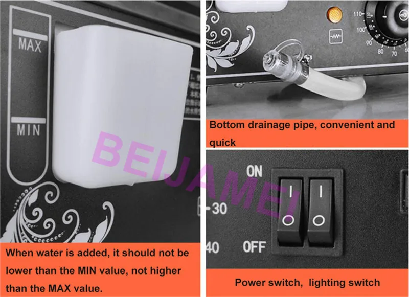 BEIJAMEI Commerciale Panino Pane Cibo Vetrina di Vetro In Acciaio Inox Alimentare Vapore Elettrico A Vapore Per La Vendita