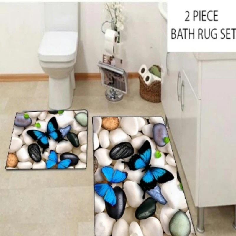 

Else White Black Pebble Stones Blue Butterfly 2 Pcs 3d Pattern Print Bath Mats Anti Slip Soft Washable Bathroom Mat Toilet Rugs