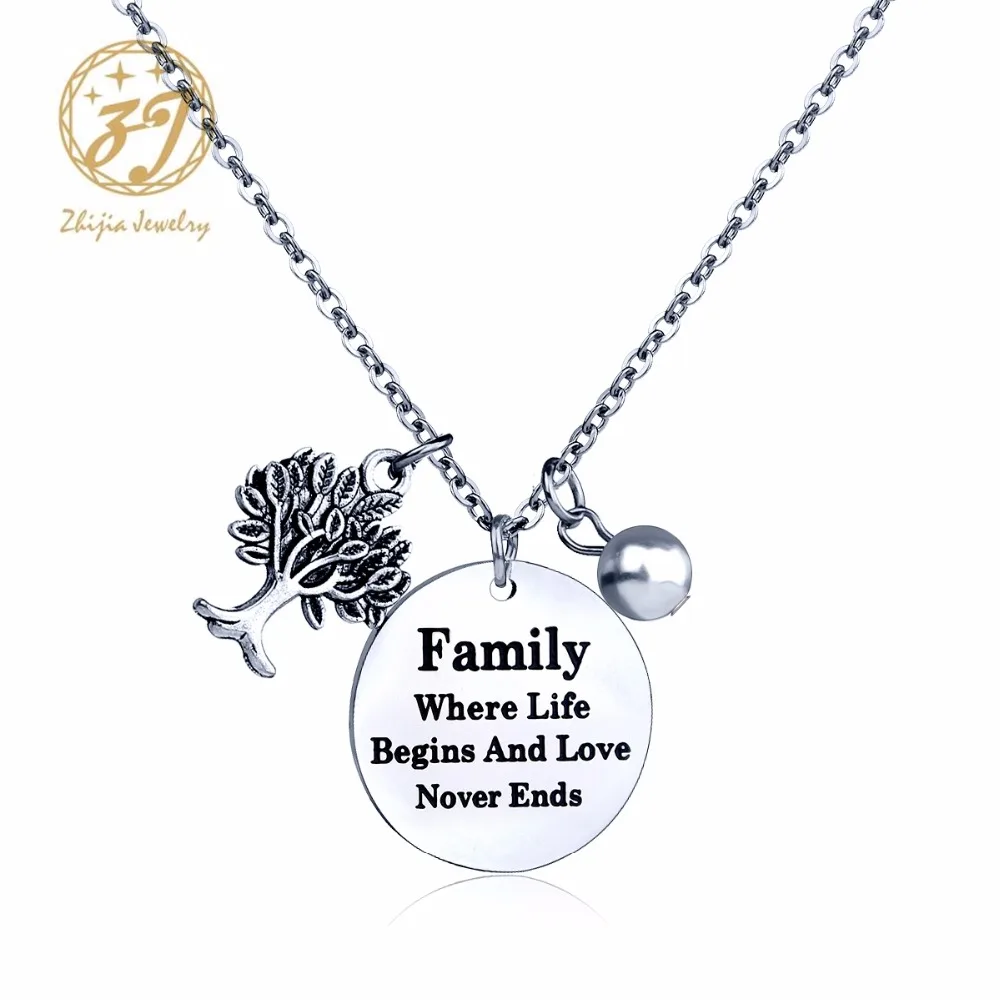 Zhijia Jewelry  Stainless Steel Family Life Tree And pearl Pendant Chain Necklace Tag Necklaces Customized Logo Jewelry