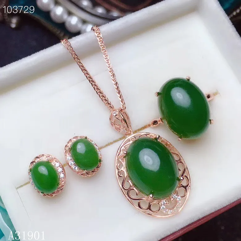 

KJJEAXCMY Boutique Jewelry 925 Silver-inlaid Natural Hotan Jade Female Pendant + Necklace Ring Ear Nail Set Support Detection