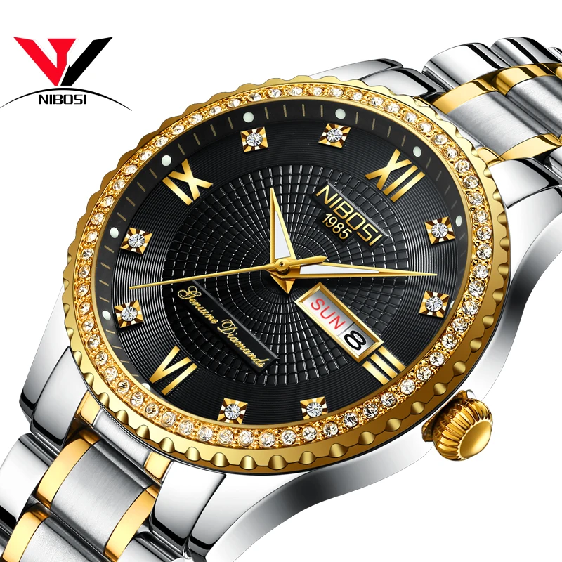 

Uhren Gold And Crystal Watches NIBOSI Quartz Male Watch Date Week Analog Waterproof Wrist Watch Men Relogio Masculino De Luxo