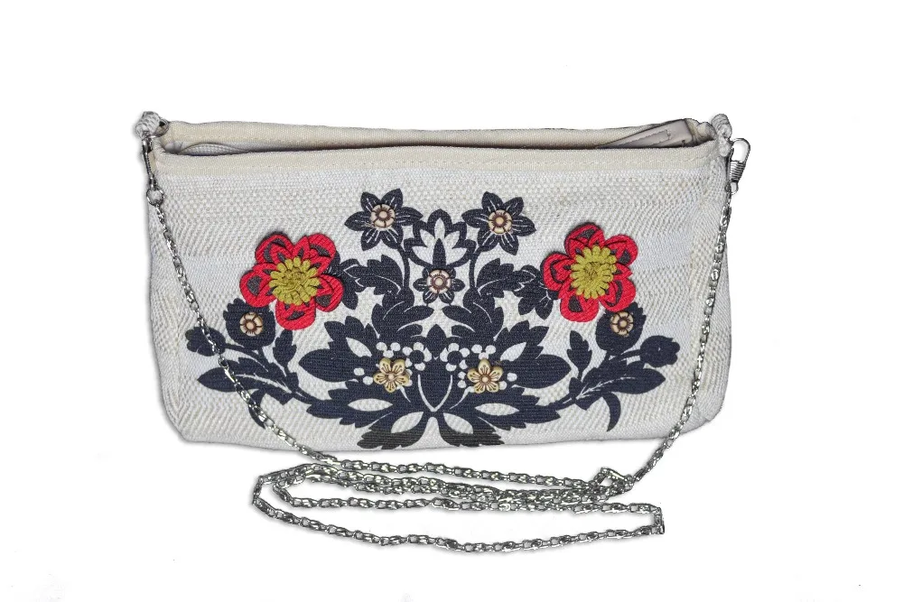 2019 Hand Made New designer women Linen handbags female Hand made flowers beads 2 in 1 Purse Chain shoulder zipper Cosmetic bag