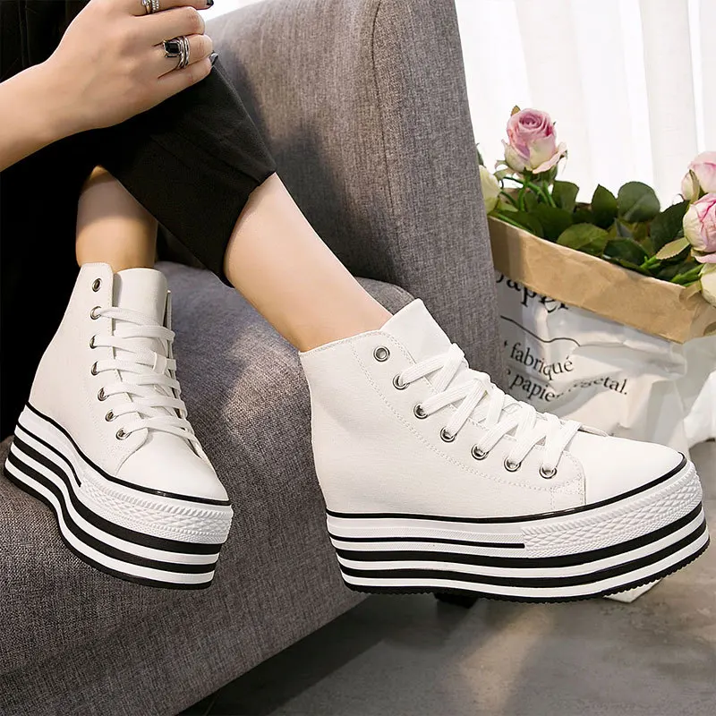 2019 Autumn Wedges Canvas Shoes Woman Platform Sneakers Zipper Shoes Hidden Heel Height Increasing Casual Shoes Flats MB-99