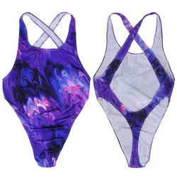 G7284 Mens bodysuit Thong Leotard High Cut X Cross Back Swimsuit Swim Fabric Printed purple flame floral gold foiled outline