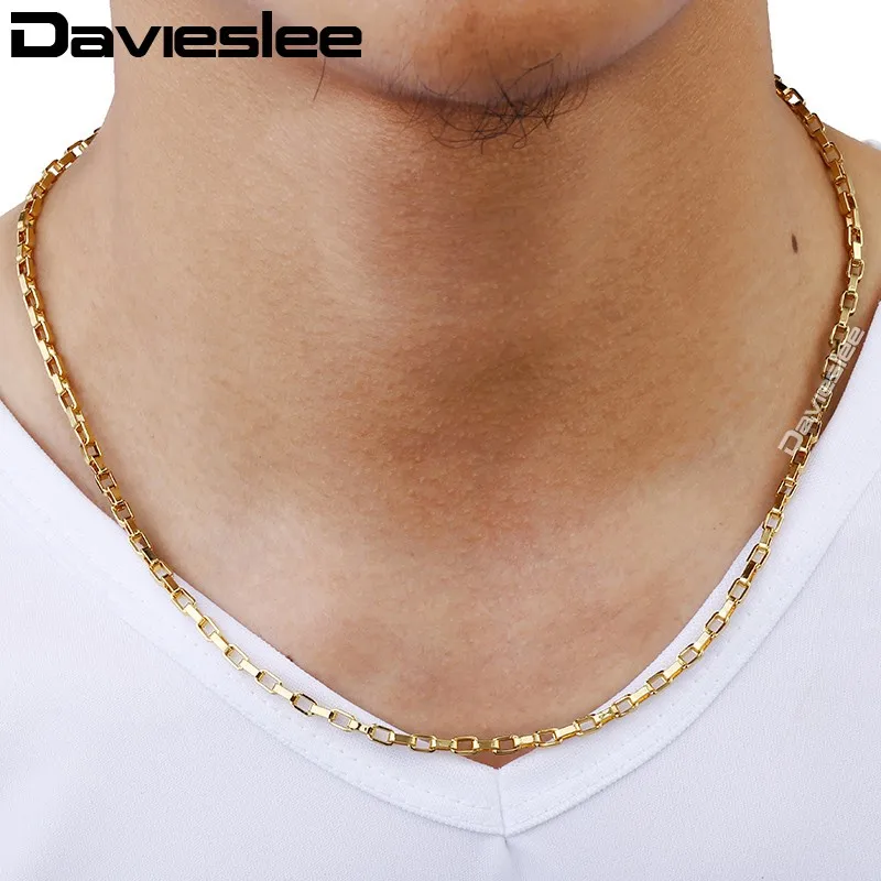 Davieslee Gold Color Box Chain Necklace for Men Women Wholesale Fashion Jewelry Gift Mens Necklaces Chains 3mm 18-36inch LGN376