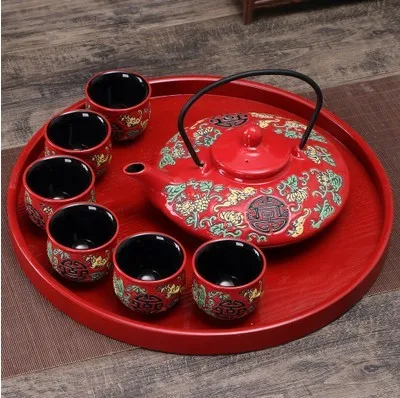 Chinese traditional red ceramic tea set suit creative wedding supplies tea cup pot tray newlywed gift