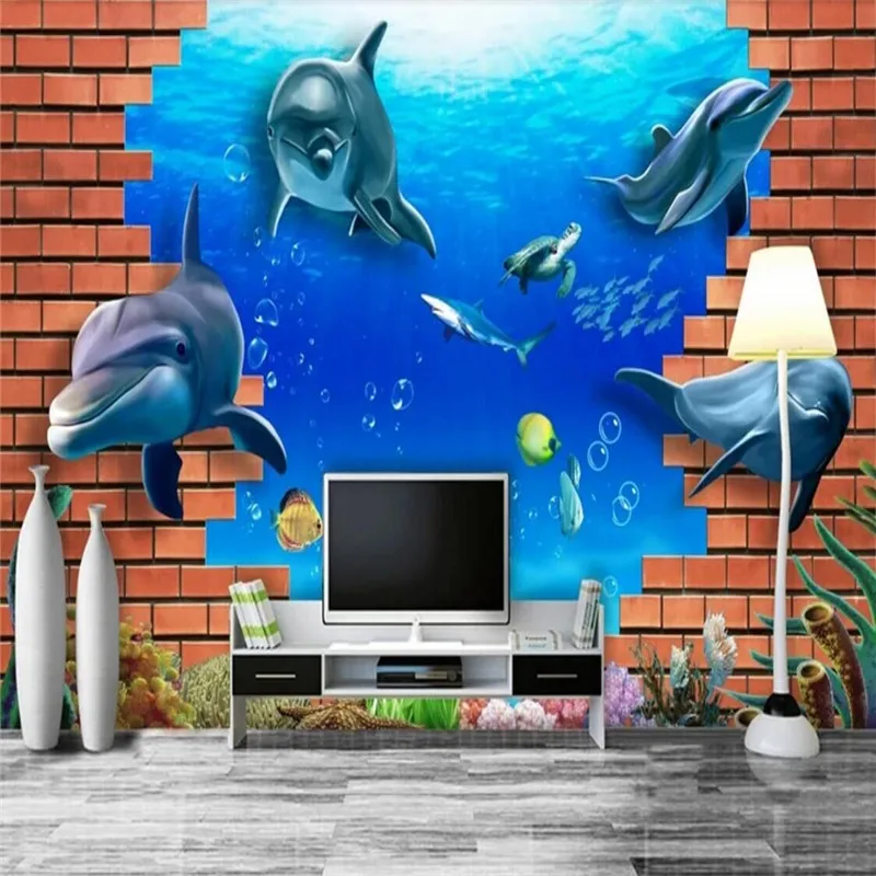 3D Underwater World Dolphin TV Wall Professional Manufacture Wallpaper Mural Custom Photo Wall