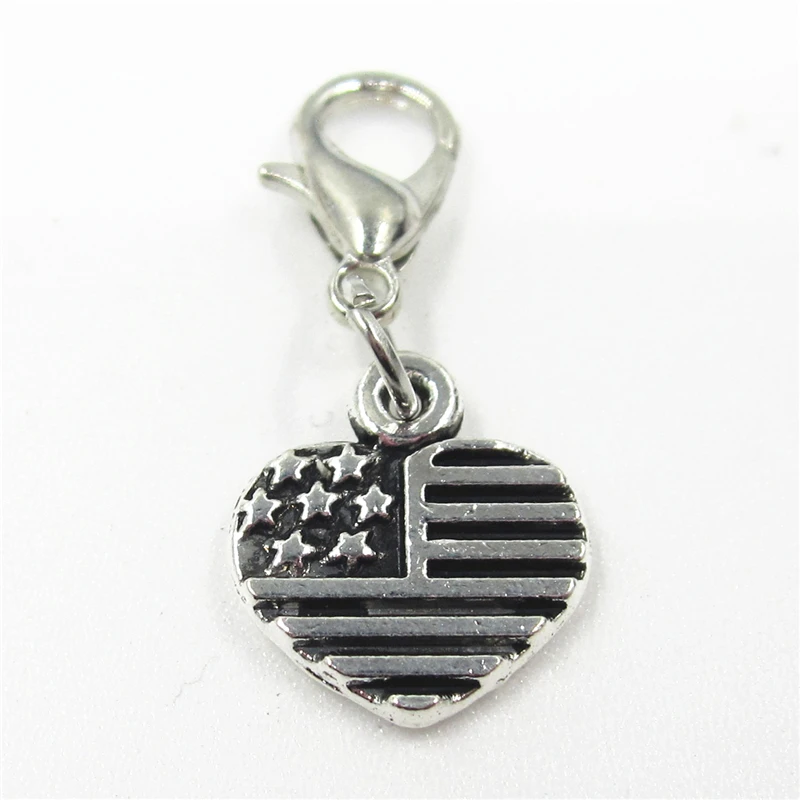 New 20pcs/lot American Flag Heart Dangle Charms Hanging  Lobster Clasp Charm DIY Jewelry Accessories Necklace Pendant