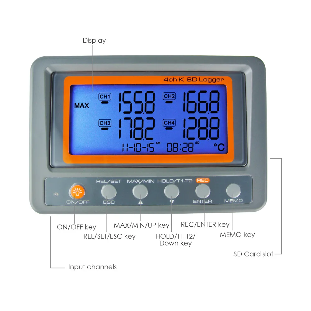 Wallmount Digital 4 Channel -328-2498 degree C/F K-Type Thermocouple 8GB SD Card Temperature Thermometer Logger