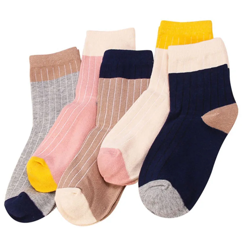 

5 Pairs Women Combed Contoon Socks Comfortable Patchwork Striped Simple style Socks Durable Breathable Deodorant Short Sock Crew