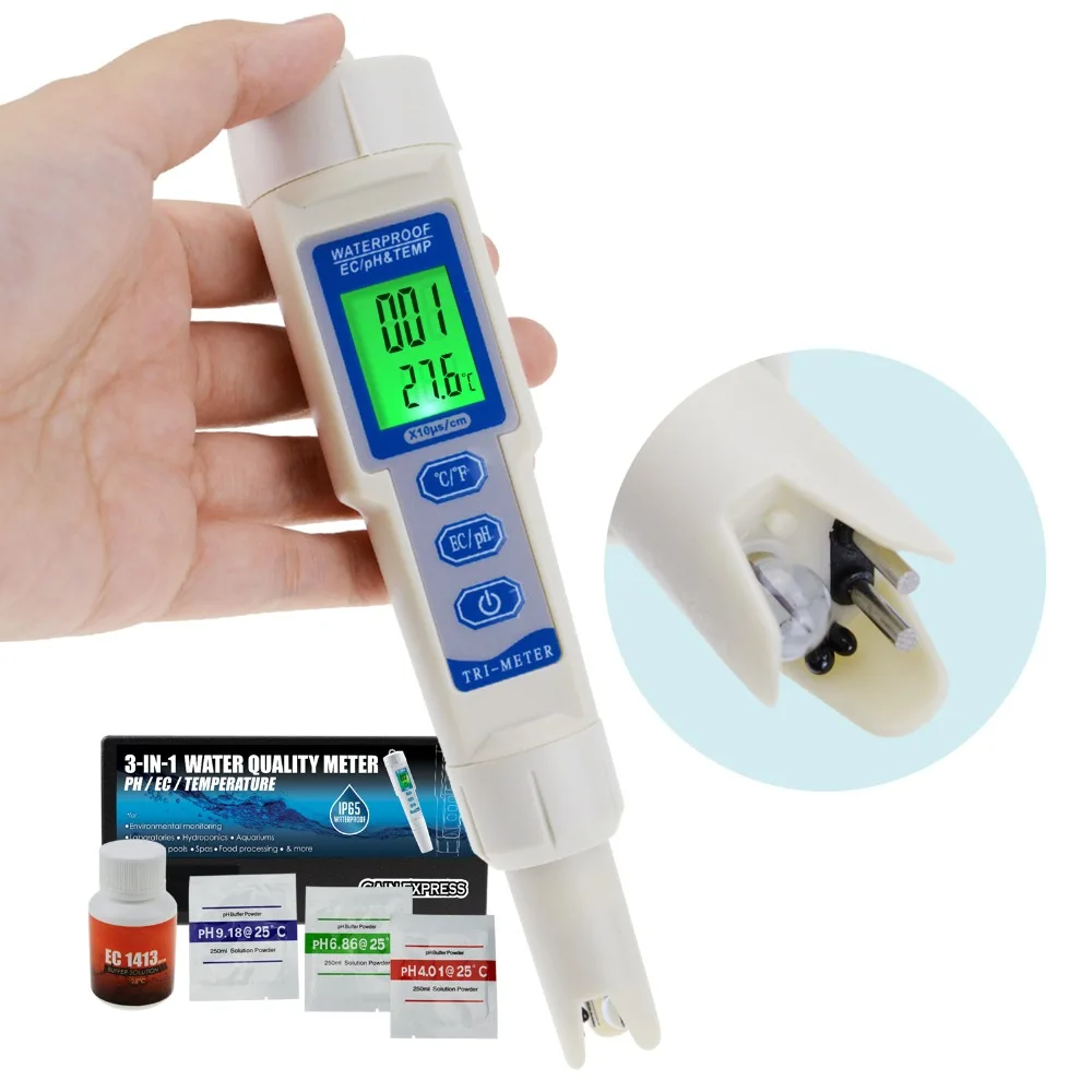 3 in 1 Pen Type pH / EC / Temperature Meter ATC Water Quality Combo Multi-Parameter Acidometer Test Kit for Aquariums