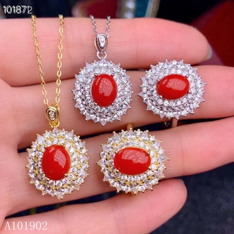 

KJJEAXCMY Exquisite Jewelry 925 Silver-inlaid Natural Red Coral Ruby Female Deluxe Ring Pendant Necklace Set Support Detection