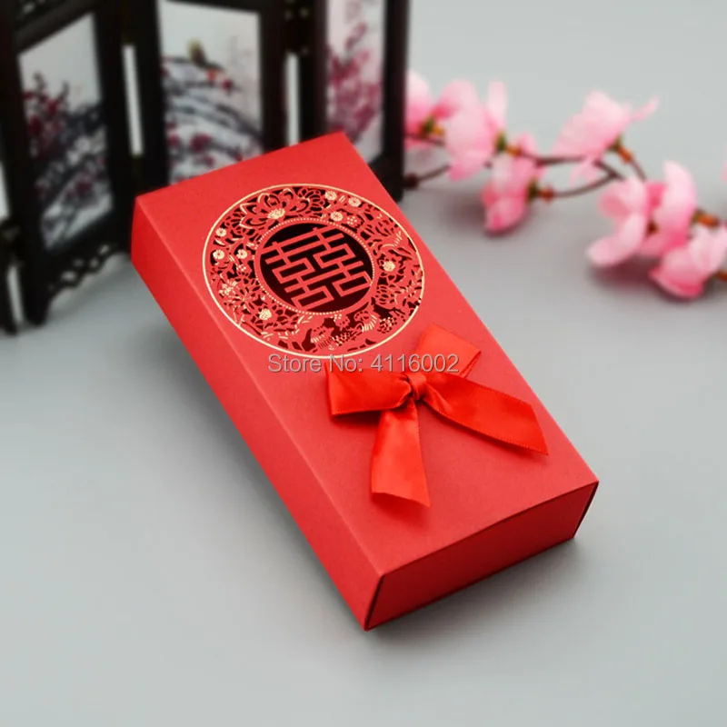 100pcs Chinese Asian Style Red Double Happiness Wedding Favor Box Party Gift Favor Bowknot Hollow Out Candy Box