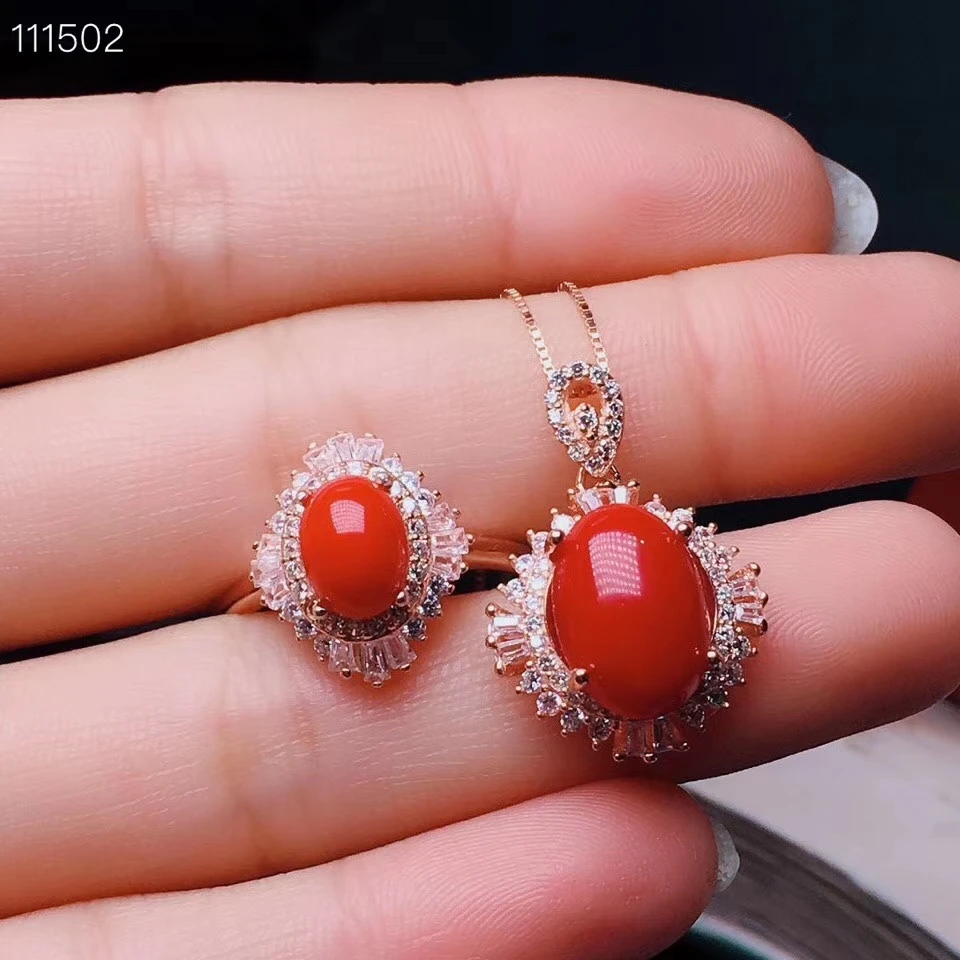 KJJEAXCMY Boutique Jewels 925 Silver-inlaid Natural Red Coral Ruby Mini-Ring Necklace Pendant Earring Set Support Detection