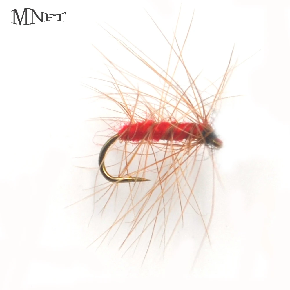 MNFT 10PCS Fly Fishing Trout Fish Dry Hook Red Body Brown feathers Bait 14# Artificial Fly Fishing Bait