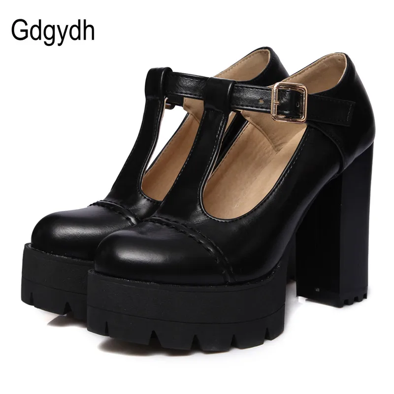 Gdgydh Fashion Women Pumps Round Toe T-starp Buckle Female Single Shoes Thick Heels Platform Women Shoes Russian Plus Size 43