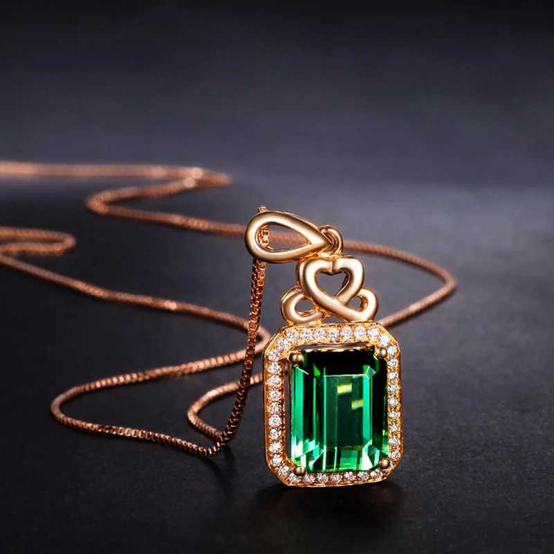 

2 Carats Green Semi-precious Necklace Square Pendant Rose Gold Filled Fine Jewelry For Women