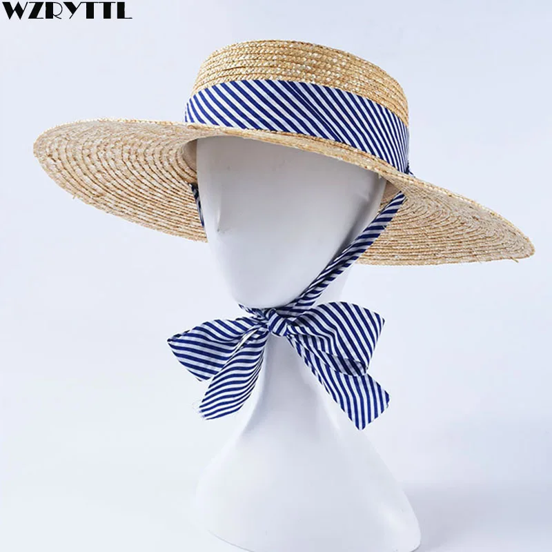 2019 New Women Wide Brim Wheat Straw Hats Summer Beach Sun Hat with Navy Blue Striped Ribbon Tie Boater Hat Vocation Derby Cap