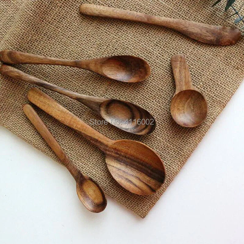 100pcs Wooden Spoon Eco-Friendly Natural Teakwood Long Handle Salad Mixing Spoon Icecream Scoop Tableware