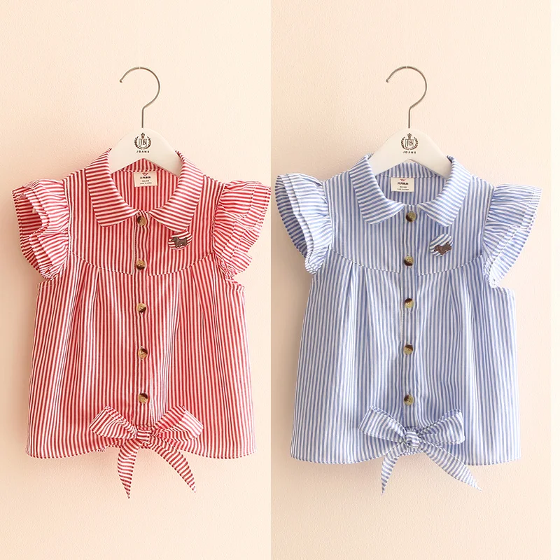 Hot Summer Cute Girls Birthday Clothing Stripe Butterfly Sleeve Striped Dog Botton Kids Girl Short Fly Sleeve Blouse Shirt