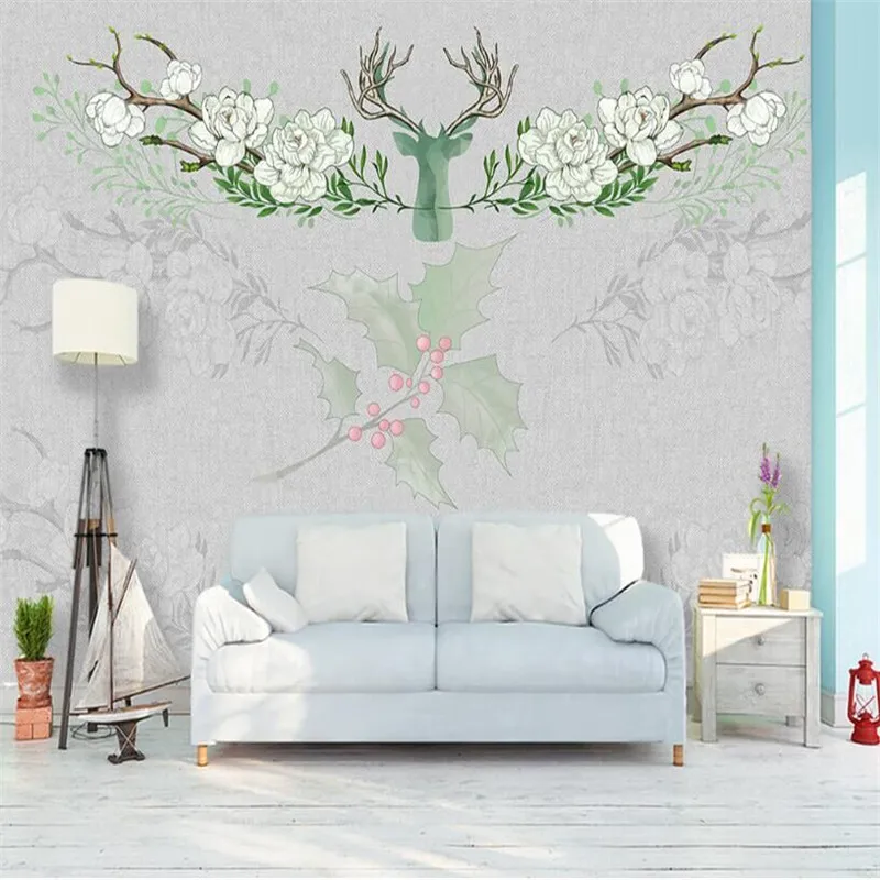 Retro European elk elegant floral living room TV background wall Custom wallpaper mural