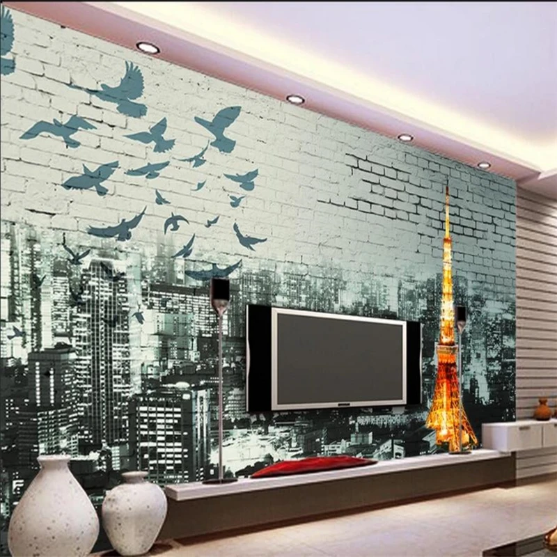 wellyu Custom large murals green wallpaper European retro Tokyo Paris Eiffel Tower TV backdrop papel de parede